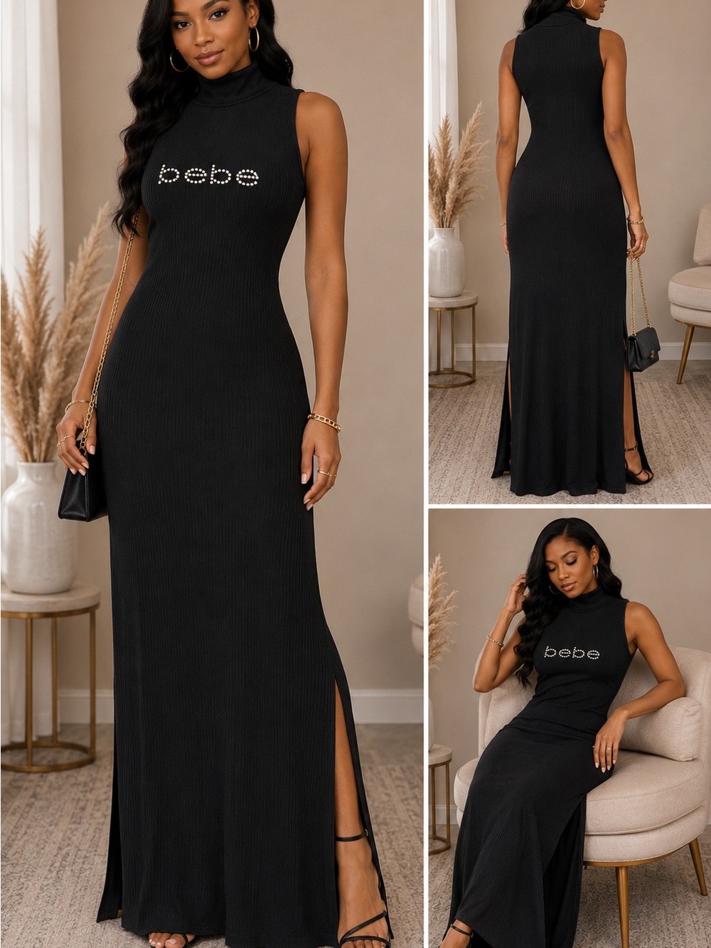 bebe Black Sleeveless Ribbed Maxi Dress with Logo